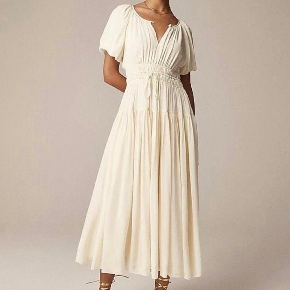 J.Crew Smocked Waist Puff Sleeve Midi Dress Ivory White Small V-Neck Tiered